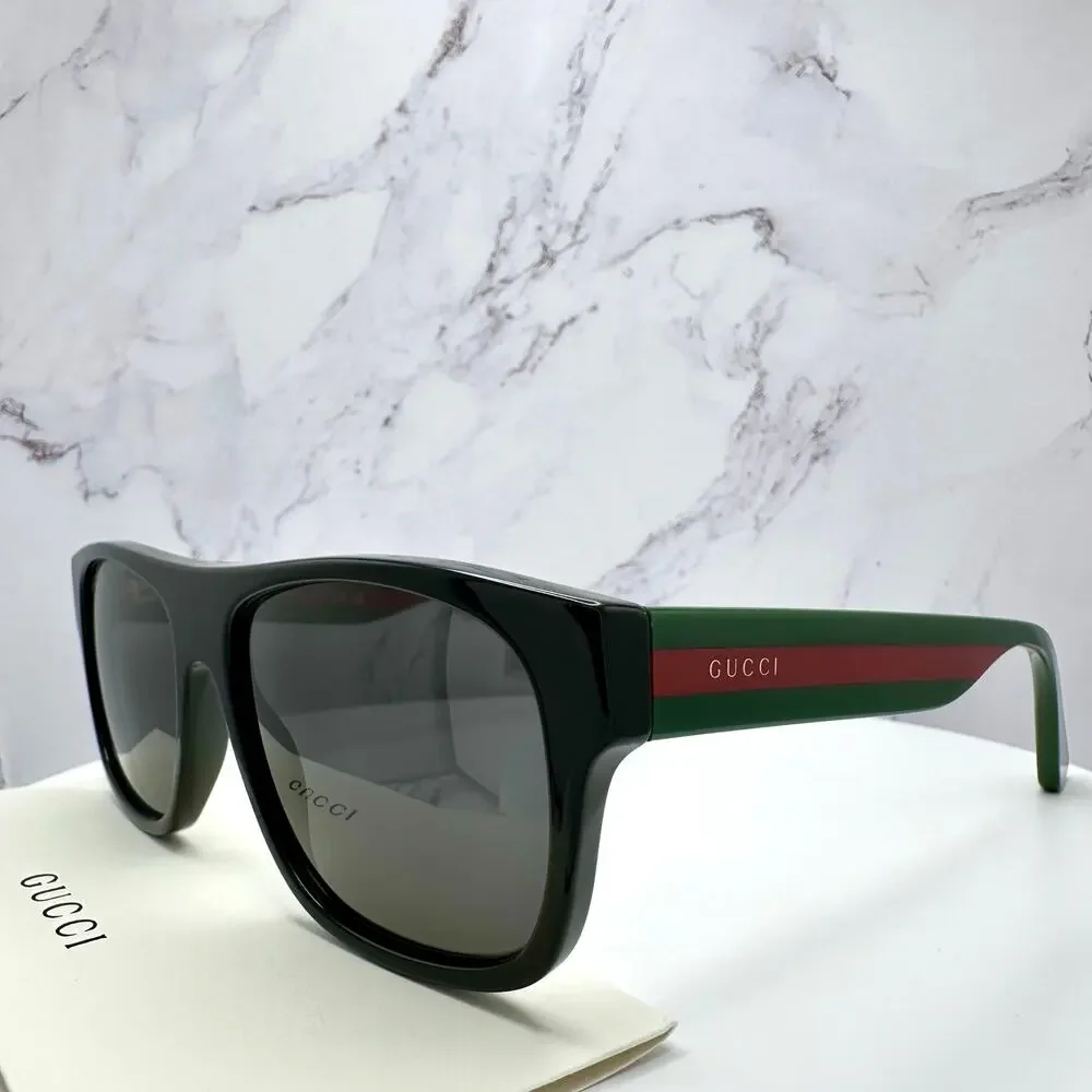 New Gucci Sunglasses Polarized Black Square Red Green Web Arms 56mm Gray Lens